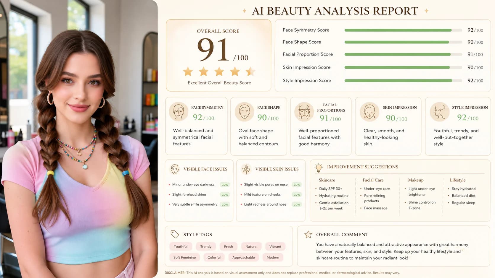 Free AI Face Rater online Beauty Score report example