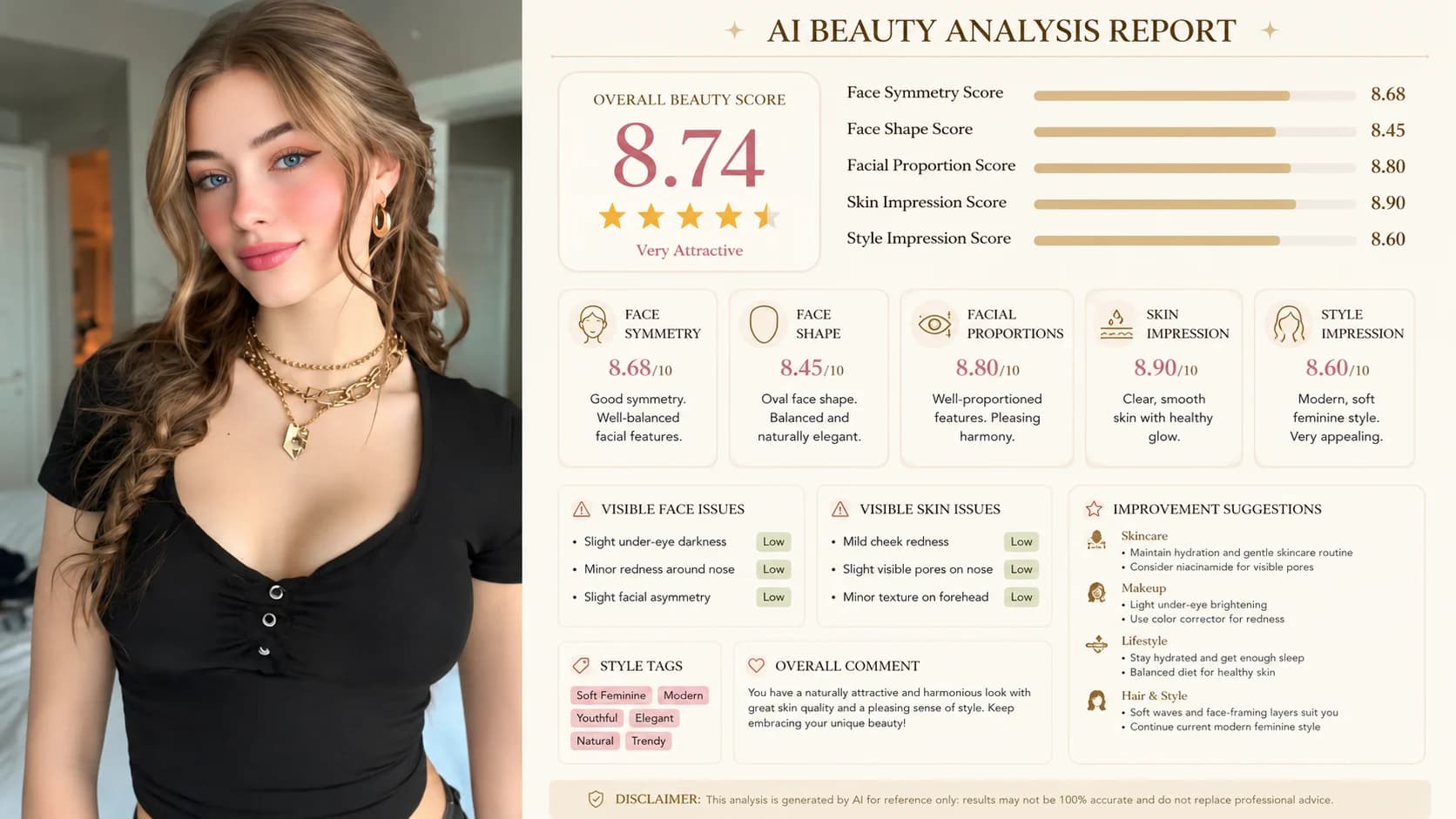 Beauty Score and pretty scale result from AI Face Rater